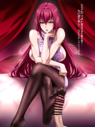 Rule 34 | 1girl, breasts, crossed legs, fate/grand order, fate/grand order the stage, feet, footjob, highres, large breasts, light blush, long hair, open mouth, pantyhose, red eyes, red hair, scathach (fate), shoujo donburi, soles, sweater, toes, translated