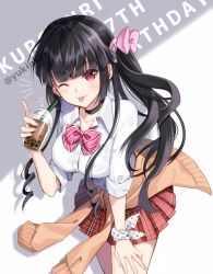 Rule 34 | 1girl, ;p, black hair, blush, bow, breasts, brown cardigan, bubble tea, cardigan, cardigan around waist, closed mouth, clothes around waist, collared shirt, commentary request, cup, disposable cup, dress shirt, drinking straw, hair bow, highres, holding, holding cup, leaning forward, long hair, looking at viewer, medium breasts, nekozuki yuki, one eye closed, original, pink bow, plaid, plaid skirt, pleated skirt, red eyes, red skirt, school uniform, shirt, signature, skirt, smile, solo, striped, striped bow, tongue, tongue out, twintails, twitter username, v-shaped eyebrows, very long hair, white shirt