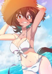 Rule 34 | 1girl, absurdres, agnes tachyon (umamusume), alternate costume, animal ears, armpits, arms up, bikini, blue sky, breasts, brown hair, cleavage, cloud, cloudy sky, commentary request, cowboy shot, day, ears through headwear, front-tie bikini top, front-tie top, grin, hat, highres, horse ears, horse girl, horse tail, kinunezu (taishin 315), large breasts, navel, ocean, outdoors, red eyes, short hair, sky, smile, solo, straw hat, sun hat, swimsuit, tail, umamusume, water, white bikini