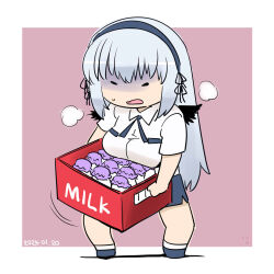 Rule 34 | 1girl, alternate costume, black wings, bottle, breasts, collared shirt, commentary request, crate, dated, feathered wings, full body, grey footwear, grey hair, grey hairband, grey skirt, hairband, highres, itini-sanshi, large breasts, long hair, medium bangs, milk bottle, mini wings, open mouth, pink background, rozen maiden, shaded face, shirt, shoes, short sleeves, skirt, solid eyes, solo, standing, suigintou, two-tone background, white background, white shirt, wings