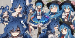 Rule 34 | 2girls, barefoot, black headwear, blue bow, blue eyes, blue hair, blue skirt, boots, bow, bowl, brown footwear, carrying, closed eyes, cup, food, frills, fruit, grey background, grey shirt, grin, hair bow, hinanawi tenshi, holding, holding cup, jar, long hair, multiple girls, multiple views, open mouth, peach, piyokichi, plate, red eyes, red ribbon, ribbon, shaded face, shirt, short sleeves, skirt, smile, touhou, white shirt, yorigami shion