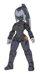 Rule 34 | 1girl, aqua eyes, arms at sides, black sclera, black skin, breasts, clenched hand, colored sclera, colored skin, commentary request, completely nude, dummyroid (mechamusumaker), flat color, full body, grey hair, high ponytail, highres, humanoid robot, joints, legs apart, long hair, looking away, mechamusumaker, mechanical hair, medium breasts, navel, nipples, no humans, no mouth, nude, ponytail, pussy, robot, robot joints, sidelocks, simple background, solo, standing, tachi-e, wazukani, white background