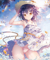 Rule 34 | 1girl, arm up, armpits, bare arms, black hair, blue dress, blurry, bow, bow panties, brown eyes, clothes lift, collarbone, commentary request, depth of field, dress, dress lift, floral print, flower, gluteal fold, hair between eyes, hair ornament, hair ribbon, hanahanamaki, hat, highres, long hair, looking at viewer, nanami yuuno, outdoors, panties, petals, print dress, ribbon, solo, sousouman, standing, straw hat, striped clothes, striped panties, twinbox school, underwear, x hair ornament
