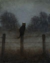 Rule 34 | barbed wire, black cat, blurry, cat, cloud, cloudy sky, creepy, fence, grey sky, highres, no humans, painting (medium), sadhorrorr, scenery, sitting, sky, traditional media, tree