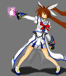 Rule 34 | 00s, 1girl, bare legs, black gloves, bow, bowtie, fighting stance, fingerless gloves, full body, gloves, glowing, grey background, hair ribbon, legs apart, long hair, lyrical nanoha, magic, magical girl, mahou shoujo lyrical nanoha, mahou shoujo lyrical nanoha strikers, miniskirt, red bow, red bowtie, ribbon, simple background, skirt, solo, standing, takamachi nanoha, twintails, very long hair, waist cape