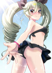 Rule 34 | 1girl, anchovy (girls und panzer), ass, bikini, bikini skirt, black bikini, blush, breasts, closed mouth, collarbone, drill hair, female focus, girls und panzer, green hair, hair ornament, hair ribbon, highres, long hair, looking at viewer, looking back, medium breasts, outdoors, red eyes, ribbon, sky, smile, solo, sunlight, sweat, swimsuit, twin drills, twintails, yamagami mozuku