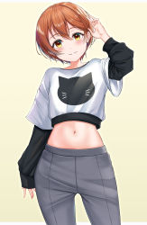 Rule 34 | 1girl, absurdres, arm up, birthday, black shirt, cowboy shot, crop top, grey pants, grin, highres, hoshizora rin, layered sleeves, long sleeves, looking at viewer, love live!, love live! school idol project, midriff, navel, orange hair, pants, parted lips, rama (yu-light8), shirt, short hair, short over long sleeves, short sleeves, simple background, smile, solo, standing, stomach, undershirt, white shirt, yellow background, yellow eyes