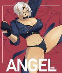 Rule 34 | 1girl, abs, angel (kof), backless pants, blue eyes, bra, breasts, chaps, cleavage, cropped jacket, fingerless gloves, gloves, hair over one eye, highres, jacket, large breasts, leather, leather jacket, looking at viewer, midriff, navel, panties, pants, short hair, smile, snowcie, solo, strapless, strapless bra, the king of fighters, the king of fighters xiv, toned, underwear, white hair