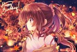 Rule 34 | 1girl, 2023, ahoge, autumn, autumn leaves, bell, blurry, blurry background, blush, brown eyes, brown hair, close-up, closed mouth, commentary request, dated commentary, depth of field, eyelashes, eyes visible through hair, floating hair, from side, hair bell, hair between eyes, hair ornament, hair scrunchie, happy birthday, highres, jingle bell, leaf, lens flare, little busters!, long hair, looking afar, maple leaf, mitsuna, natsume rin, night, official alternate costume, outdoors, pink scrunchie, ponytail, profile, scrunchie, shirt, sidelocks, smile, solo, very long hair, white shirt