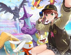 Rule 34 | 1girl, adjusting clothes, adjusting headwear, bag, baseball cap, black gloves, blue gloves, blurry, blurry background, bomber jacket, bracer, braid, brown hair, centiskorch, confetti, corviknight, creatures (company), crossed arms, crossed legs, drednaw, fire, game freak, gen 8 pokemon, glint, gloria (pokemon), gloves, green eyes, grey skirt, grin, hand on headwear, hand up, hat, jacket, long sleeves, masin0201, miniskirt, motion blur, nintendo, open clothes, open jacket, outstretched arm, partially fingerless gloves, plaid, plaid skirt, pleated skirt, poke ball symbol, pokemon, pokemon (creature), pokemon swsh, profile, raboot, red hair, scorbunny, selfie, signature, sitting, skirt, smile, stadium, tongue, tongue out, toxtricity, toxtricity (low key), twin braids, twintails, two-tone gloves, yamper