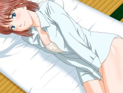 Rule 34 | 00s, 1girl, anezaki mamori, bed, blue eyes, blush, bottomless, brown hair, eyeshield 21, from above, game cg, lying, maten, on side, open clothes, open shirt, pillow, shirt, short hair, solo