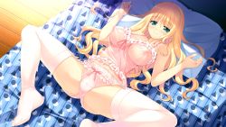 Rule 34 | 1girl, ahoge, ass, babydoll, bare shoulders, bed, blonde hair, blush, bow, bow panties, breasts, cameltoe, covered erect nipples, dutch angle, from above, full body, game cg, garter belt, garter straps, green eyes, hair between eyes, hair spread out, half-closed eyes, hoshi no ne sanctuary, lace, lace-trimmed panties, lace trim, large breasts, light smile, lingerie, long hair, looking at viewer, lying, midriff peek, naruse hirofumi, navel, nipples, on back, on bed, panties, pillow, pink panties, ribbon, ribbon trim, see-through, serina malgrid octavius, solo, spread legs, thighhighs, underwear, underwear only, wavy hair, white thighhighs, wooden floor
