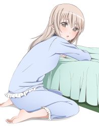 Rule 34 | 1girl, :o, arm support, barefoot, bed, blush, brown eyes, brown hair, capri pants, feet, koube, long hair, long sleeves, looking at viewer, looking to the side, matching hair/eyes, muranushi sayuri, pajamas, pants, simple background, sitting, soles, solo, sweatdrop, wariza, white background, working!!, working!! (web manga)