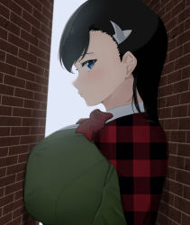 Rule 34 | 1girl, alley, black hair, blue eyes, blush, bow, bowtie, breast press, breasts, brick wall, burn the witch, capelet, closed mouth, collared shirt, expressionless, from side, green jacket, hair ornament, highres, inconvenient breasts, jacket, large breasts, long hair, long sleeves, looking at viewer, looking to the side, nayutayutautau, niihashi noel, plaid capelet, profile, red bow, red capelet, shirt, simple background, solo, stuck, upper body, wall, white background