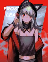 Rule 34 | 1girl, animal ears, arknights, arm at side, armpit peek, belt, breasts, character name, closed mouth, fog, fox ears, frostleaf (arknights), grey hair, hand on headphones, head tilt, headphones, headwear request, highres, jacket, kky, long hair, long sleeves, looking at viewer, material growth, midriff peek, neck warmer, off shoulder, oripathy lesion (arknights), red background, red eyes, red jacket, red theme, small breasts, solo, twitter username, upper body