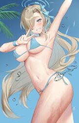 Rule 34 | 1girl, arm up, asuna (blue archive), bare shoulders, bikini, blue archive, blue bikini, blue bow, blue eyes, blue sky, bow, breasts, commentary request, cowboy shot, grey hair, hair bow, highres, large breasts, navel, oshage (osyage921), outdoors, partial commentary, side-tie bikini bottom, sky, solo, standing, stomach, swimsuit, thighs, w