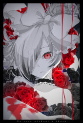 Rule 34 | 1girl, absurdres, blood, blue flower, blue rose, bow, english text, flower, goma irasuto, grey flower, grey rose, greyscale, hair bow, hair over one eye, highres, long hair, looking at viewer, monochrome, original, red eyes, red theme, rose, solo