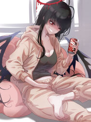Rule 34 | 1girl, antenna hair, barefoot, black hair, black wings, blue archive, blush, breasts, can, cleavage, collarbone, grin, halo, highres, holding, holding can, hood, hood down, hooded jacket, jacket, komena (shinyday312), long hair, long sleeves, medium breasts, melting halo, one eye closed, open clothes, open jacket, pants, red eyes, red halo, smile, soles, solo, toes, tsurugi (blue archive), wings, yellow jacket, yellow pants