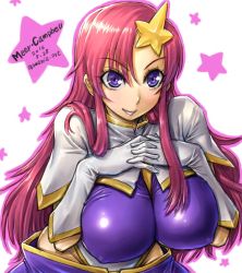 Rule 34 | 00s, 1girl, amania orz, artist name, blue eyes, blush, breasts squeezed together, breasts, cleavage, dated, covered erect nipples, gloves, gundam, gundam seed, gundam seed destiny, hair ornament, highleg, large breasts, leotard, long hair, looking at viewer, meer campbell, pink hair, skirt, smile, solo, star (symbol), star hair ornament, teeth