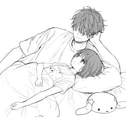Rule 34 | 1boy, 1girl, arm at side, arm support, blush, closed mouth, facing another, greyscale, hair over eyes, hand on own head, head rest, long bangs, looking at another, lying, monochrome, on back, on bed, on side, open mouth, original, pillow, print shirt, sekiya asami, shirt, short hair, short sleeves, size difference, smile, stuffed animal, stuffed rabbit, stuffed toy, under covers