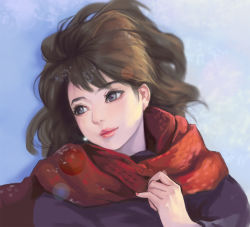 Rule 34 | 1girl, blue eyes, brown hair, lips, long hair, looking away, lying, on back, original, pinky out, puky, red lips, red scarf, scarf, snow, solo, wavy hair, winter