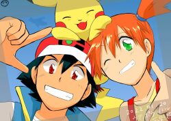 Rule 34 | 1boy, 1girl, armpits, ash ketchum, asymmetrical hair, blush, creatures (company), dated, game freak, gen 1 pokemon, green eyes, gym leader, hair tie, looking at viewer, misty (pokemon), nintendo, one eye closed, orange hair, pikachu, pokemon, pokemon (anime), pokemon (classic anime), pokemon journeys, ponytail, red eyes, shirt, short hair, side ponytail, simple background, smile, solo, suspenders, tank top, wink, yellow shirt