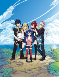 Rule 34 | 2boys, 3girls, alternate costume, black eyes, black hair, blonde hair, blue hair, boots, brown eyes, cat, charle (fairy tail), cleaned, cliff, cloud, day, earrings, erza scarlet, everyone, fairy tail, fur collar, gray fullbuster, hair ribbon, happy (fairy tail), headband, highres, jewelry, knee boots, long hair, lucy heartfilia, magic, miniskirt, multiple boys, multiple girls, natsu dragneel, necklace, ocean, official art, outdoors, pants, pink hair, pointing, pointing up, ponytail, red hair, ribbon, scarf, short hair, skirt, smile, spiked hair, tail, tail ornament, tail ribbon, tattoo, thigh boots, thighhighs, twintails, wavy hair, wendy marvell, wings