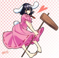 Rule 34 | 1girl, animal ears, barefoot, black hair, blush, carrot, halftone, halftone background, heart, inaba tewi, kine, looking at viewer, mallet, mana (gooney), rabbit ears, red eyes, short hair, signature, simple background, skirt, skirt set, smile, solo, tail, touhou