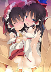 Rule 34 | 2boys, 2girls, ass, bar censor, black hair, blush, bow, breasts, censored, closed eyes, closed mouth, collarbone, cowboy shot, grabbing, grabbing another&#039;s breast, group sex, hair bow, hakurei reimu, hand on another&#039;s head, hetero, long hair, looking back, multiple boys, multiple girls, multiple penises, open mouth, penis, sex, small breasts, standing, sweat, tororo (toriaezu), touhou, vaginal, veins, veiny penis