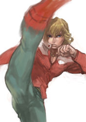 Rule 34 | 10s, 1boy, asami you, barnaby brooks jr., blonde hair, blue eyes, boots, high kick, jacket, jewelry, kicking, male focus, motion blur, necklace, no eyewear, red jacket, solo, tiger &amp; bunny