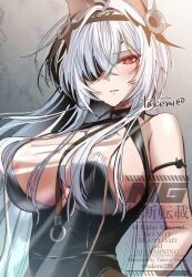 1girl animal_ears artist_name azur_lane black_leotard breast_curtain breasts commentary_request eyepatch fake_animal_ears fritz_rumey_(azur_lane) fritz_rumey_(schwarzes_kaninchen)_(azur_lane) grey_hair hair_between_eyes highres huge_breasts leotard long_hair official_alternate_costume playboy_bunny red_eyes see-through_breast_curtain solo takemi_mochi upper_body very_long_hair