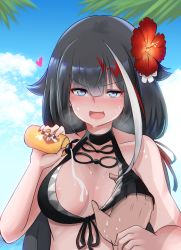 Rule 34 | 10eki (tenchou), 1girl, absurdres, areola slip, azur lane, bikini, black bikini, black hair, blue eyes, blush, grabbing another&#039;s breast, breasts, cloud, commentary request, day, deutschland (azur lane), deutschland (service time?!) (azur lane), fang, flower, front-tie bikini top, front-tie top, grabbing, guided breast grab, guiding hand, hair flower, hair ornament, halterneck, heart, heart-shaped pupils, hibiscus, highres, long hair, looking at viewer, lotion, medium breasts, multicolored hair, open mouth, pouring, pouring onto self, red hair, smile, streaked hair, sunscreen, sweat, swimsuit, symbol-shaped pupils, upper body, water, white hair