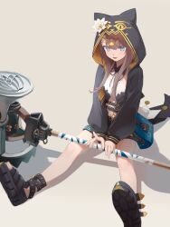 1girl :d absurdres ankh arknights belt black_belt black_jacket black_ribbon brown_background brown_hair chest_belt eyes_visible_through_hair flower full_body gold grey_eyes hair_between_eyes hammer hashtag-only_commentary head_chain high_belt highres holding holding_weapon hood hood_up hooded_jacket infection_monitor_(arknights) jacket jewelry long_hair looking_at_viewer navel neck_ribbon open_clothes open_jacket open_mouth pepe_(arknights) ribbon sandals shoe_soles sidelocks simple_background sitting smile solo teay_(ttttteay) two-sided_fabric two-sided_jacket weapon white_flower yellow_jacket