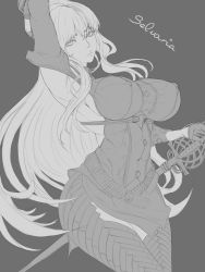 Rule 34 | 1girl, absurdres, arm up, armpits, breasts, character name, closed mouth, gloves, grey background, greyscale, half gloves, highres, kuromoro, large breasts, long hair, looking at viewer, military, military uniform, monochrome, selvaria bles, senjou no valkyria, senjou no valkyria (series), senjou no valkyria 1, sidelocks, simple background, sketch, sword, uniform, weapon, wide hips