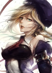 Rule 34 | 1girl, arc system works, beret, blazblue, blonde hair, detached sleeves, green eyes, hat, lips, noel vermillion, open mouth, short hair, solo, upper body, yume-rie