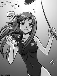 Rule 34 | 1girl, air bubble, blush, breath, bubble, covered navel, diving, diving mask, freediving, goggles, greyscale, holding breath, long hair, looking at viewer, monochrome, one-piece swimsuit, original, removing headwear, saver (artbysaver), sketch, smile, solo, swimming, swimsuit, underwater