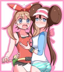 Rule 34 | 2girls, arm around waist, ass, asymmetrical docking, bag, bare shoulders, blue eyes, blue panties, blush, border, breast press, breasts, brown hair, collarbone, creatures (company), double bun, embarrassed, fanny pack, female focus, from behind, game freak, grabbing, grabbing another&#039;s breast, hair bun, hairband, hand up, hat, hug, kaimu (qewcon), large breasts, long hair, long sleeves, looking at another, looking at viewer, looking back, may (pokemon), may (pokemon oras), medium breasts, multiple girls, nintendo, nose blush, open mouth, outline, outside border, panties, pink border, pink hair, poke ball theme, pokemon, pokemon bw2, pokemon oras, red hairband, red shirt, rosa (pokemon), shirt, simple background, sleeveless, sleeveless shirt, smile, standing, striped clothes, striped panties, surprised, sweat, twintails, underwear, visor cap, watch, white background, white panties, white shirt, wristwatch, yuri