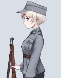 Rule 34 | 1girl, absurdres, belt, black belt, blue eyes, blue hat, blue jacket, closed mouth, commentary, expressionless, finnish army, girls und panzer, grey background, grey hair, gun, hat, highres, holding, holding gun, holding weapon, jacket, kepi, long sleeves, looking to the side, m1saki 1, military, military hat, military uniform, rifle, short hair, simple background, solo, standing, uniform, upper body, weapon, youko (girls und panzer)