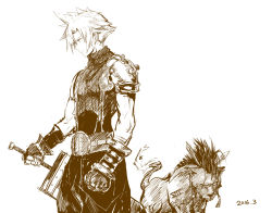 Rule 34 | 1boy, animal, armor, baggy pants, belt, buster sword, cloud strife, feathers, fiery tail, final fantasy, final fantasy vii, final fantasy vii remake, fur, gloves, holding, holding weapon, monochrome, pants, red xiii, sam ashton, shoulder armor, spiked hair, square enix, suspenders, tail, tattoo, turtleneck, weapon