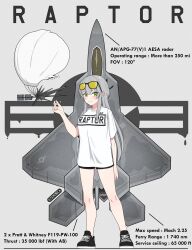 Rule 34 | 1girl, aircraft, airplane, artist name, atamonica, balloon, black footwear, black shorts, blush, commentary, english commentary, english text, eyewear on head, f-22 raptor, fighter jet, full body, green eyes, grey background, grey hair, highres, jet, long hair, looking at viewer, military, military vehicle, original, shirt, shoes, short sleeves, shorts, simple background, sneakers, solo, standing, sunglasses, t-shirt, white shirt