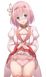 Rule 34 | 1girl, blue eyes, blush, breasts, cleavage, cleavage cutout, clothes lift, clothing cutout, dress, hairband, head tilt, lifted by self, looking at viewer, medium breasts, panties, pink hair, pink panties, princess connect!, short hair, simple background, skirt, skirt lift, solo, sumaru (sumarurist), thighhighs, underwear, white background, yui (princess connect!)