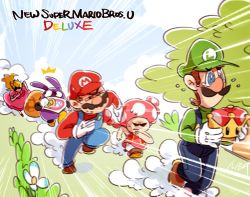 Rule 34 | 2girls, 3boys, ^^^, blonde hair, blue sky, braid, brown hair, chasing, cloud, copyright name, crying, dress, emphasis lines, facial hair, fleeing, flower, gloves, green shirt, hat, long hair, looking back, luigi, mario, mario (series), multiple boys, multiple girls, mustache, nabbit, new super mario bros. u deluxe, nintendo, nowitsevenhotter, overalls, princess peach, red hat, red shirt, running, sack, shirt, sky, super crown, sweat, toadette, twin braids, vest, white gloves