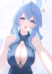 Rule 34 | 1girl, absurdres, ako (blue archive), ako (dress) (blue archive), anger vein, bare shoulders, blue archive, blue dress, blue eyes, blue hair, blue halo, blush, breasts, cleavage, commentary request, dress, earrings, halo, highres, jewelry, large breasts, long hair, looking at viewer, mi7t0, official alternate costume, open mouth, reaching, reaching towards viewer, sideboob, sideless dress, sleeveless, sleeveless dress, solo, teeth, upper teeth only