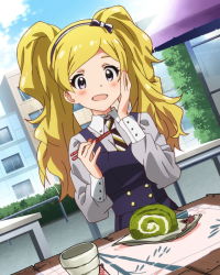 Rule 34 | 10s, 1girl, artist request, blonde hair, blush, chopsticks, dutch angle, eating, emily stewart, emily stuart, food, hairband, hand on own face, idolmaster, idolmaster million live!, long hair, official art, purple eyes, solo, star (symbol), twintails