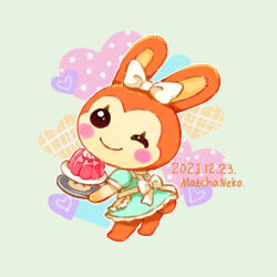 Rule 34 | 1girl, animal crossing, apron, aqua dress, artist name, back bow, blush, blush stickers, bow, bunnie (animal crossing), closed mouth, commentary, dated, dress, english commentary, food, frilled apron, frilled dress, frills, furry, furry female, gelatin, green background, heart, holding, holding tray, looking at viewer, looking to the side, matchaneko, nintendo, one eye closed, polka dot, puffy short sleeves, puffy sleeves, rabbit girl, short sleeves, simple background, smile, solo, tray, waist apron, whipped cream, white apron, white bow
