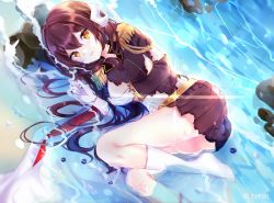 Rule 34 | 1girl, azur lane, breasts, brown hair, covering privates, covering one breast, epaulettes, gloves, horns, long hair, long sleeves, mikasa (azur lane), military, military uniform, ocean, skirt, solo, timins, torn clothes, uniform, white gloves, yellow eyes