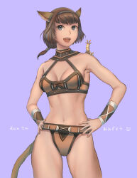 Rule 34 | 1girl, 2022, :d, absurdres, artist name, adventurer (ff11), bare arms, bare shoulders, breasts, brown hair, brown tail, cactus41747280, cleavage, cowboy shot, dated, final fantasy, final fantasy xi, fingernails, grey eyes, grey hairband, hairband, halterneck, highres, legs apart, medium breasts, medium hair, mithra (ff11), nail polish, navel, open mouth, orange nails, pink lips, purple background, simple background, smile, solo, standing, teeth, thighs, upper teeth only