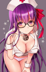 Rule 34 | 10s, 1girl, adjusting hair, artist name, bb (bb shot!) (fate), bb (fate), bespectacled, black-framed eyewear, blush, breasts, cleavage, closed mouth, collarbone, covered erect nipples, cowboy shot, fate/extra, fate/extra ccc, fate (series), glasses, hair between eyes, hair ribbon, hand on own thigh, hand up, hanging breasts, hat, jewelry, leaning forward, long hair, looking at viewer, medium breasts, nurse, nurse cap, panties, pendant, pink panties, red ribbon, ribbon, seiru (prairie), semi-rimless eyewear, shirt, short sleeves, simple background, smile, solo, standing, star (symbol), tareme, thighs, under-rim eyewear, underwear, very long hair, white shirt, wrist cuffs