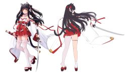 Rule 34 | 1girl, allenes, animal ears, asymmetrical legwear, azur lane, bare shoulders, bell, black hair, cat ears, cat tail, character sheet, detached sleeves, geta, hair ornament, highres, holding, holding sword, holding weapon, japanese clothes, katana, long hair, looking at viewer, multiple views, official alternate costume, platform clogs, standing, sword, tail, thigh strap, thighhighs, two side up, uneven legwear, weapon, white background, white thighhighs, wide sleeves, yellow eyes, yuugure (azur lane), yuugure (summer festival shopping) (azur lane)