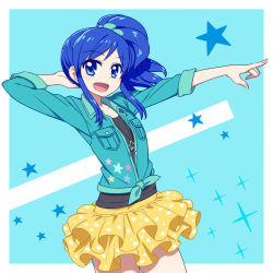 Rule 34 | 10s, 1girl, :d, aikatsu!, aikatsu! (series), arm behind head, blue background, blue eyes, blue hair, chan co, cowboy shot, kiriya aoi, long hair, matching hair/eyes, open mouth, outstretched arm, pointing, side ponytail, smile, solo, sparkle, star (symbol)